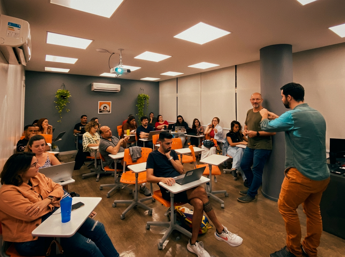Aula presencial da M2BR Academy com professor e alunos
